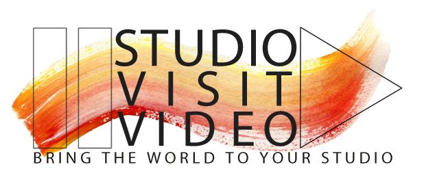 StudioVisitVideoLOGO w brushstrokes and video player symbols of pause and play and tag line" document your studio practice"
